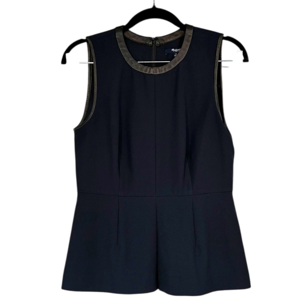 Madewell Navy Real Leather Trim Peplum Top Sleeveless Structured Zip Back Size 2